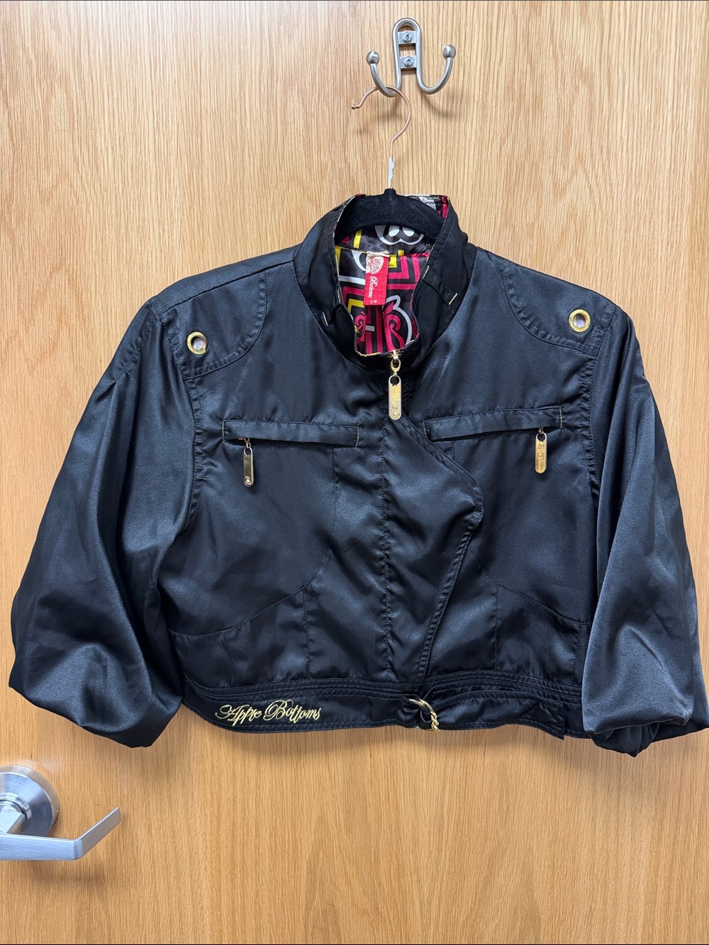 Apple Bottoms Vintage Y2K Black Cropped Satin Bomber Jacket with Gold Hardware